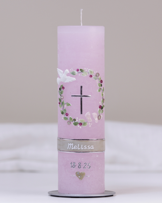 Taufkerze „Melissa“ pastellrosa – personalisiert mit Wunschname
