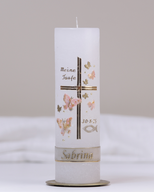 Taufkerze „Sabrina“ weiß – personalisiert mit Wunschname