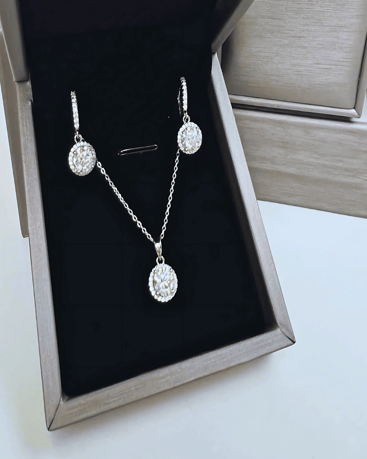 Diamond Pendant Necklace + Diamond Drop Earrings Jewelry Bundle Set - Perfect Round