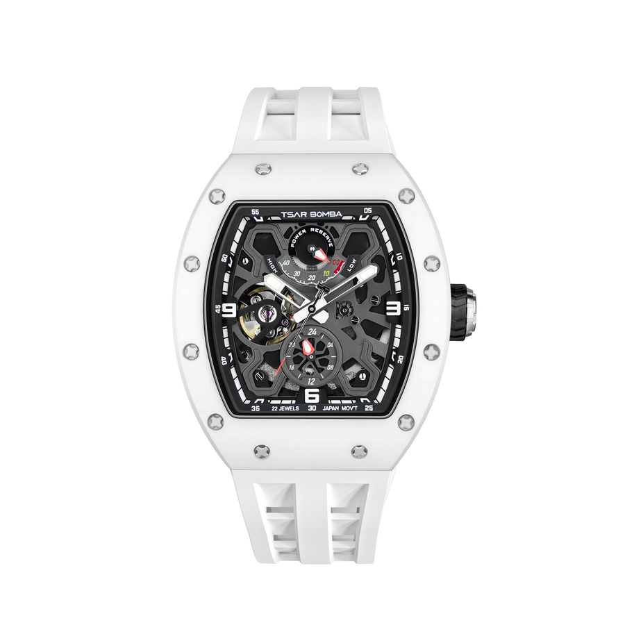 TSAR BOMBA Elemental TB8212 Full Keramik Skelett Automatik Tonneau Herrenuhr-Full Gehäuse de Keramik; Reserva de marcha 42-hour demonstration-Weiß-The
