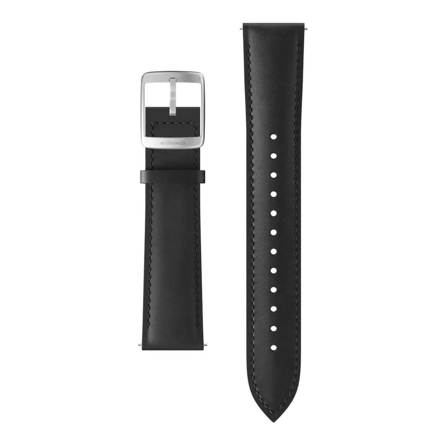 leather curved wristband, black, silver buckle 20mm