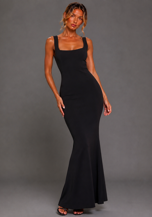 Solana | Square Neck Fishtail Black Maxi Dress - 6 / black