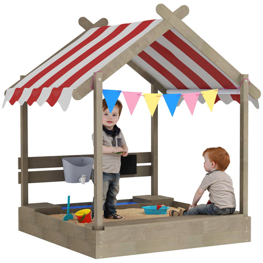 Outsunny Sand Pit with Canopy, Blackboard, Toys, Sink, Seats, Flags for Kids - Grey