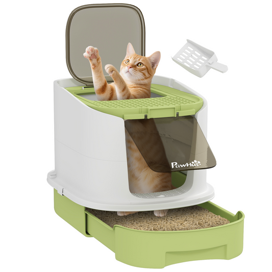 PawHut Cat Litter Box, Hooded Cat Litter Tray with Lid, Scoop - Green