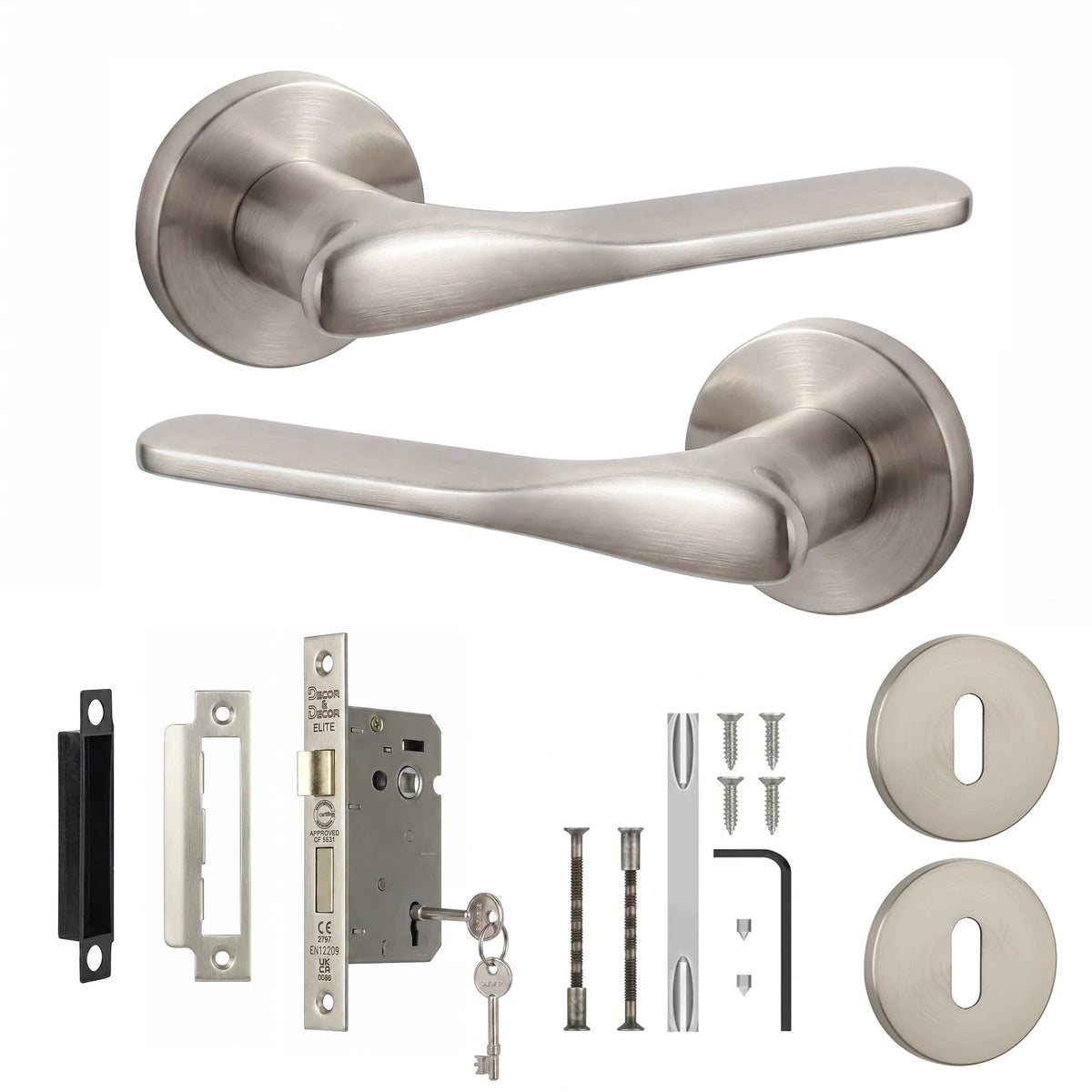 Verita Satin Nickel Privacy Door Lever Handles - Sash Lock Kit 64mm
