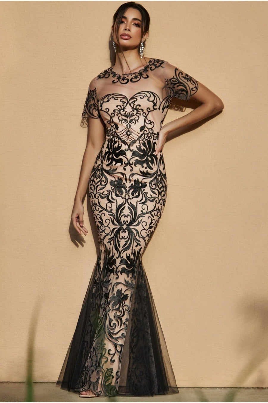 Mesh & Lace Maxi With Scalloped Hem - Black by Goddiva