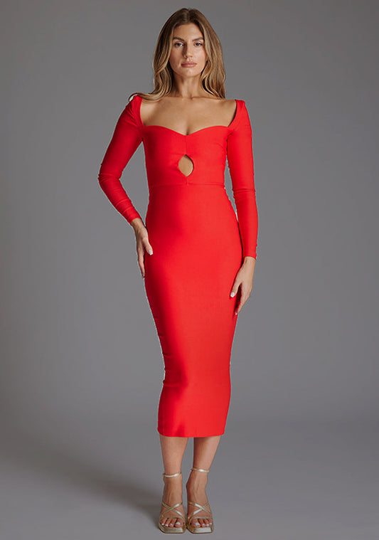 Amy | Sweetheart Neckline Long Sleeve Red Midaxi Dress - 6 / red