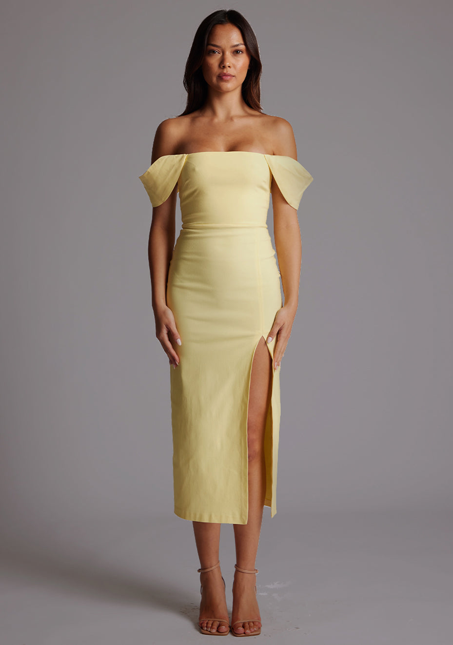 Astra | Bardot Lemon Midaxi Dress With Thigh Split - 10 / lemon