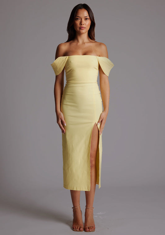 Astra | Bardot Lemon Midaxi Dress With Thigh Split - 10 / lemon