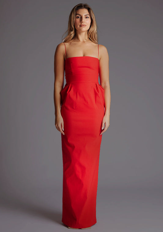 Bergen | Straight Neck Strappy Red Maxi Dress - 6 / red