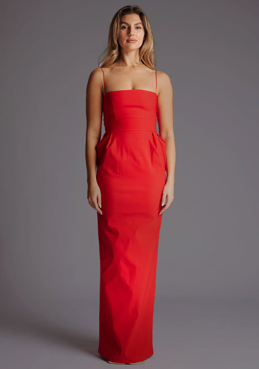 Bergen | Straight Neck Strappy Red Maxi Dress - 6 / red