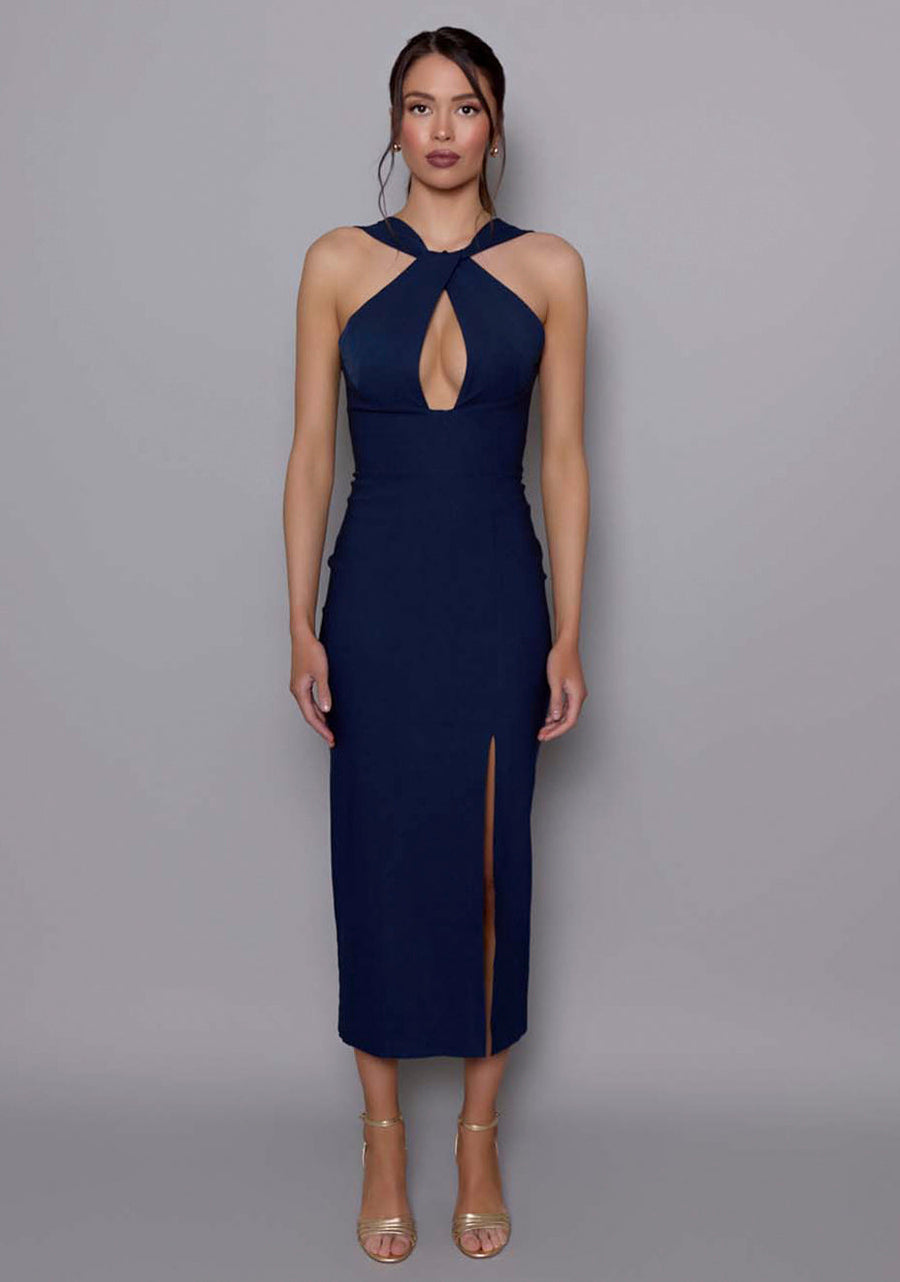 Carter | Halterneck Bodycon Navy Midaxi Dress - 6 / navy