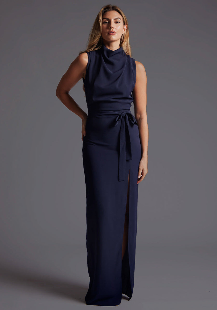 Chrysta | High Neck Navy Maxi Dress - 6 / navy