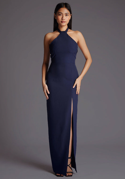 Edna | Halter Neck Navy Maxi Dress - 6 / navy
