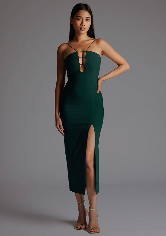 Katie | Strap Detail Forest Green Midaxi Dress - 8 / forest-green