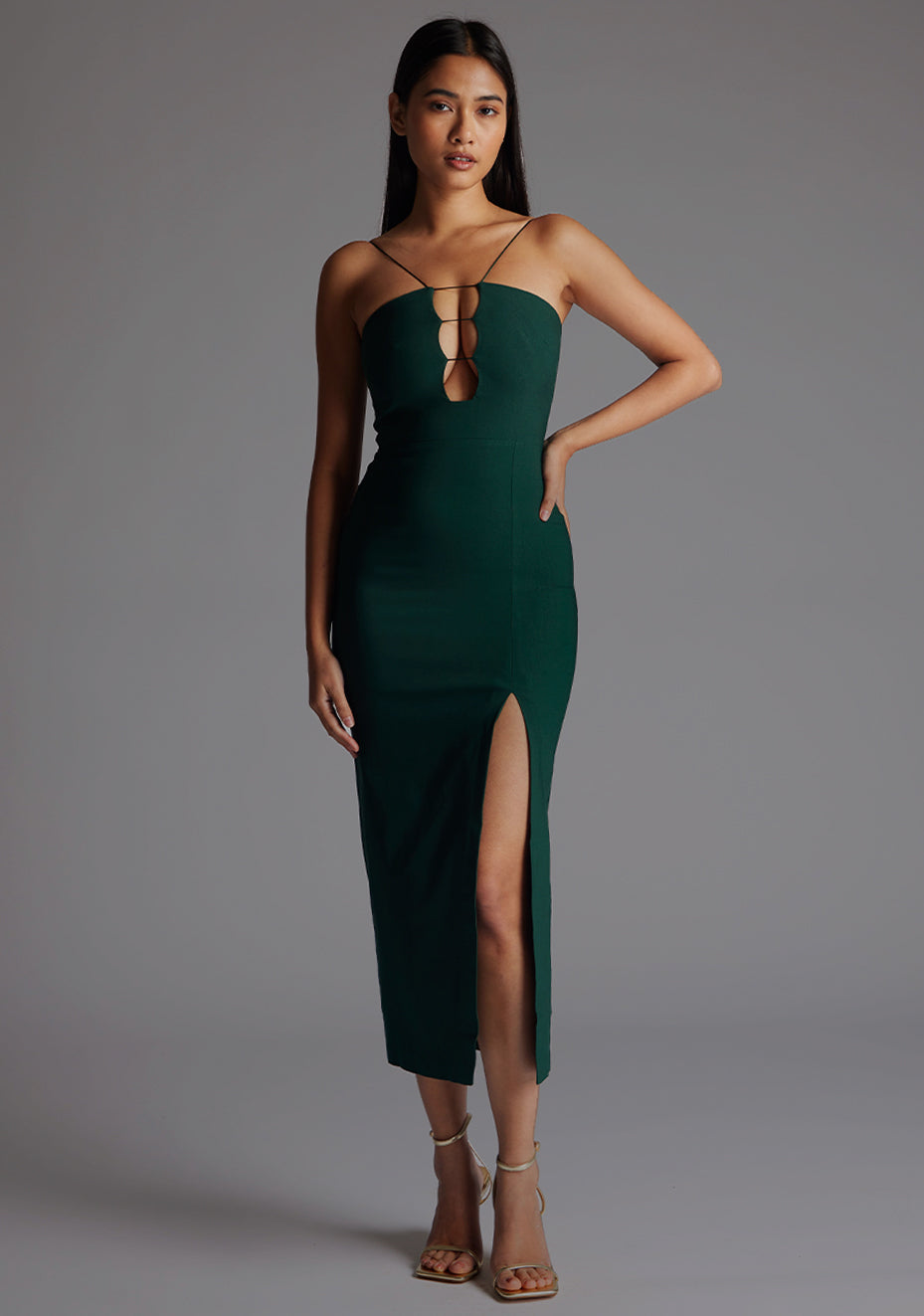 Katie | Strap Detail Forest Green Midaxi Dress - 8 / forest-green