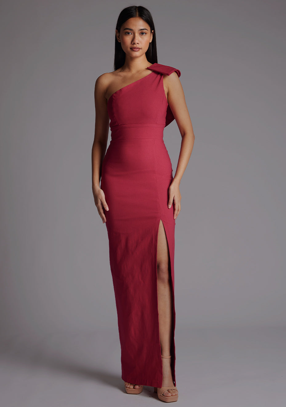 Keegan | One Shoulder Raspberry Maxi Dress With Bow - 8 / raspberry