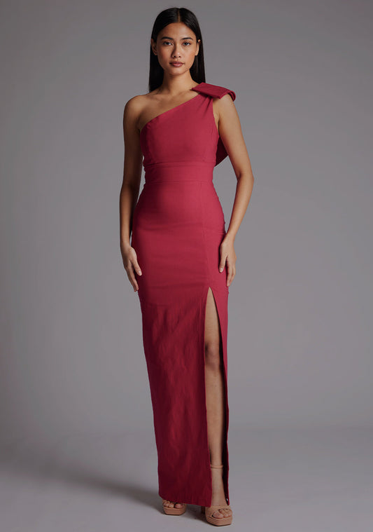 Keegan | One Shoulder Raspberry Maxi Dress With Bow - 8 / raspberry