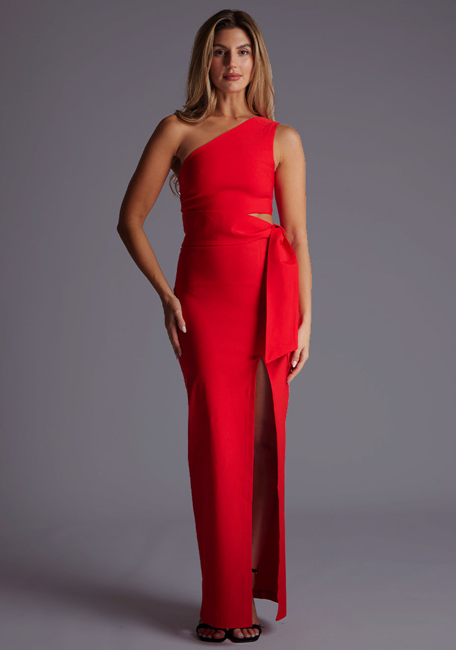 Lisbeth | One Shoulder Red Maxi Dress With Thigh Split - 8 / red