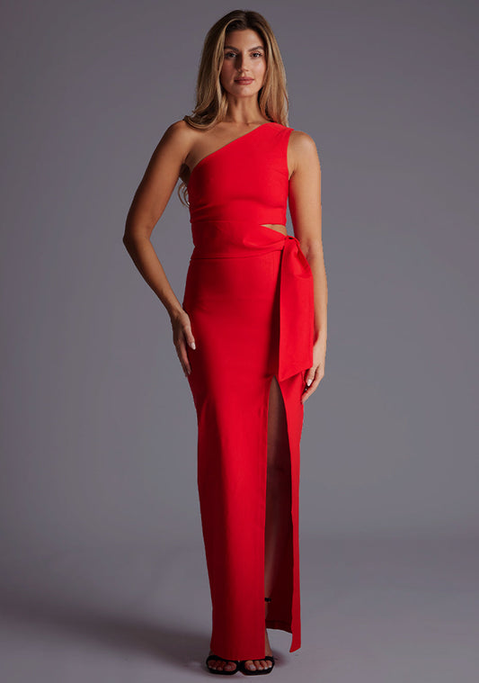 Lisbeth | One Shoulder Red Maxi Dress With Thigh Split - 8 / red