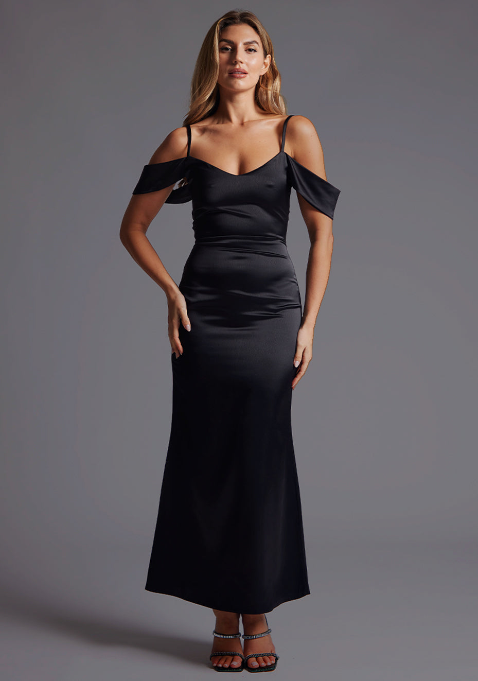 Luisa | Bardot Satin Black Maxi Dress - 6 / black