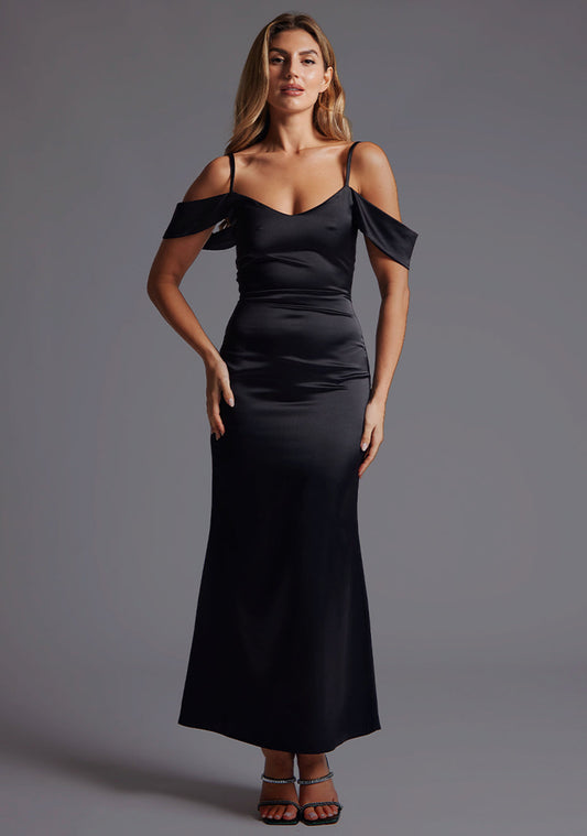 Luisa | Bardot Satin Black Maxi Dress - 6 / black