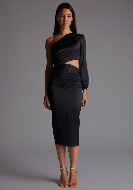 Niccola | One Sleeve Satin Black Midi Dress - 6 / black