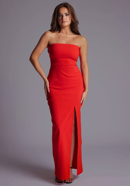 Salma | Bandeau Thigh Split Red Maxi Dress - 10 / red