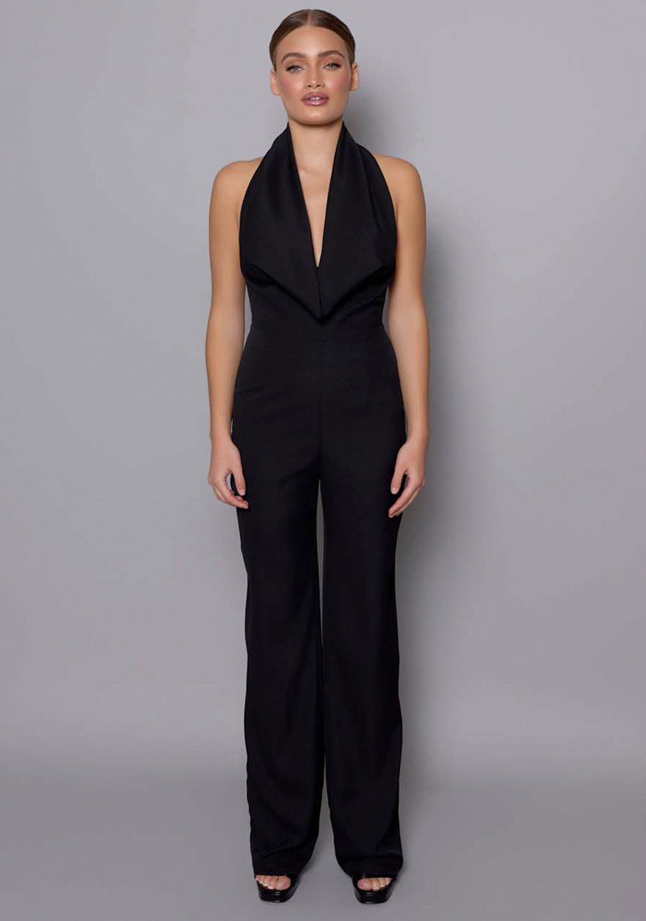 Zinna | Wide Leg Plunge Cowl Neck Black Jumpsuit - 8 / black