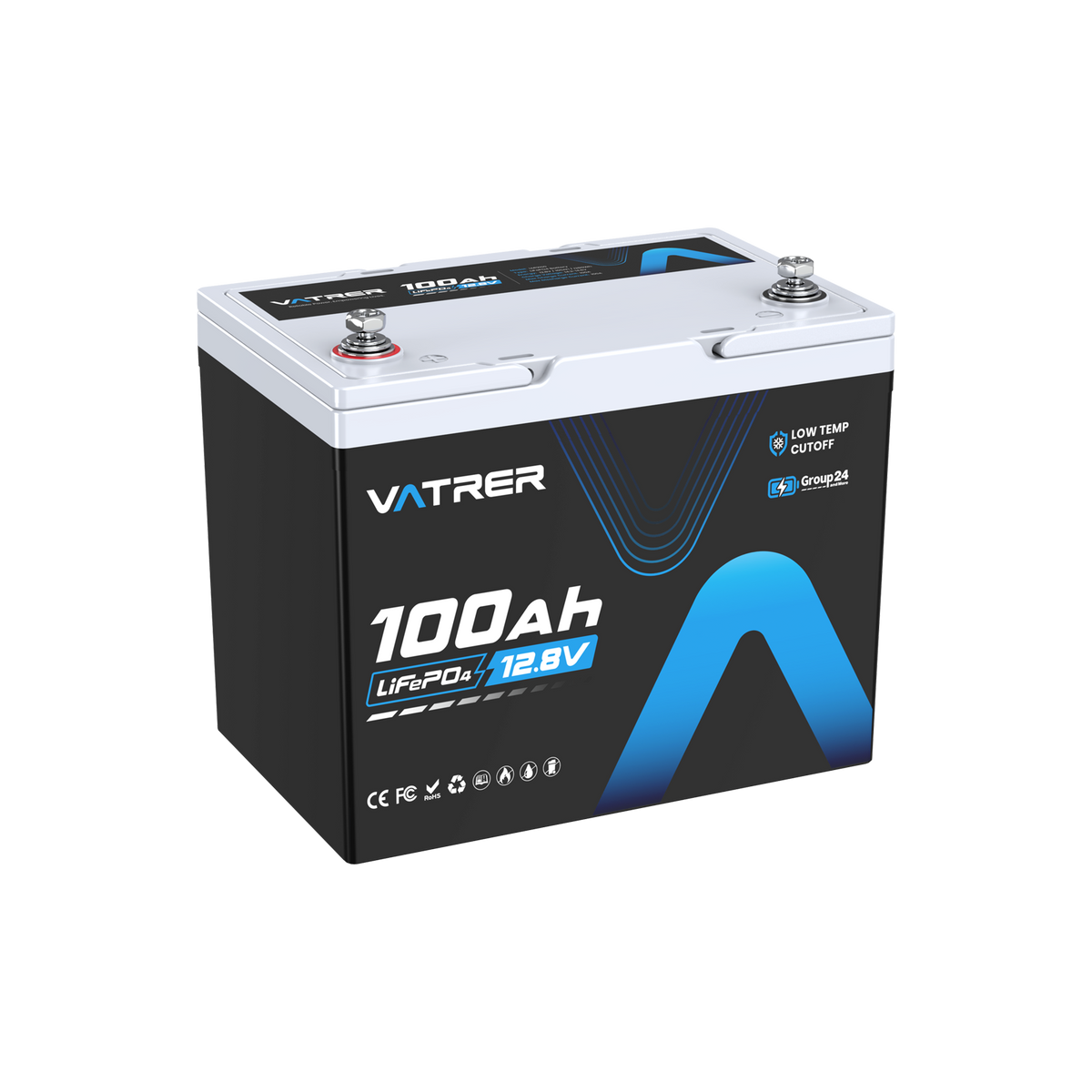 Vatrer 12V 100Ah Group 24 Lithium Battery, 100A BMS Low Temp LiFePO4 Battery CA - 1 PACK