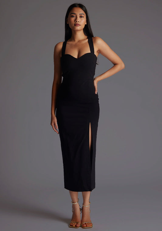 Poppy | Sweetheart Cross Strap Black Midaxi Dress - 8 / black
