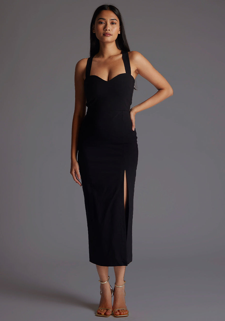 Poppy | Sweetheart Cross Strap Black Midaxi Dress - 8 / black