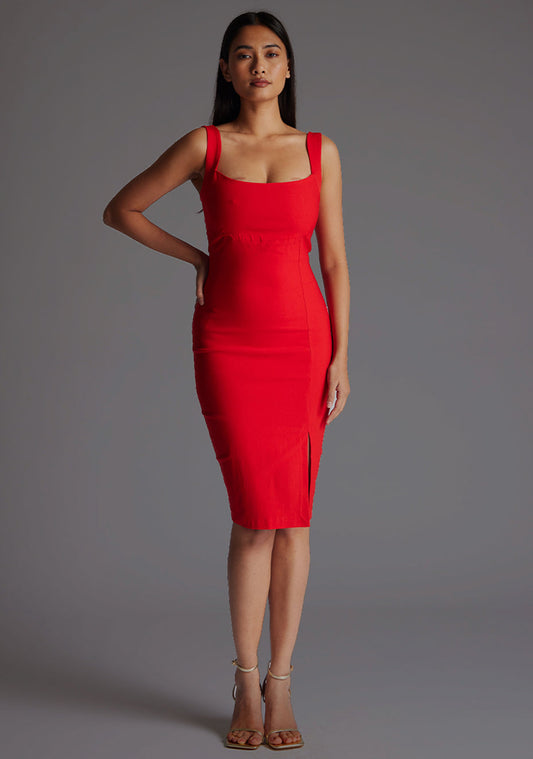 Praire | Square Neckline Red Midi Dress - 6 / red