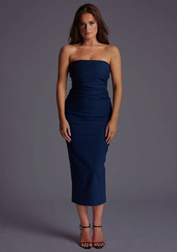 Shelbie | Bandeau Ruched Waist Bodycon Navy Midaxi Dress - 6 / navy
