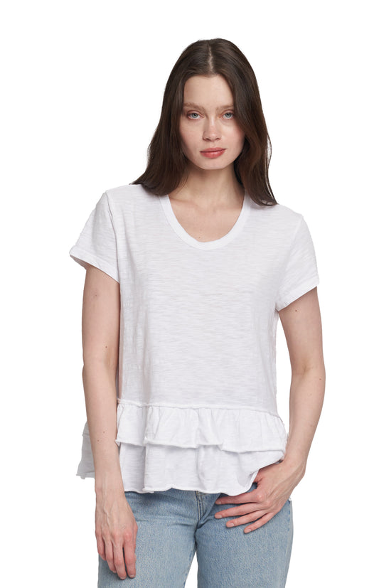 Short Sleeve Double Tier Mock Hem Crew - White / XS