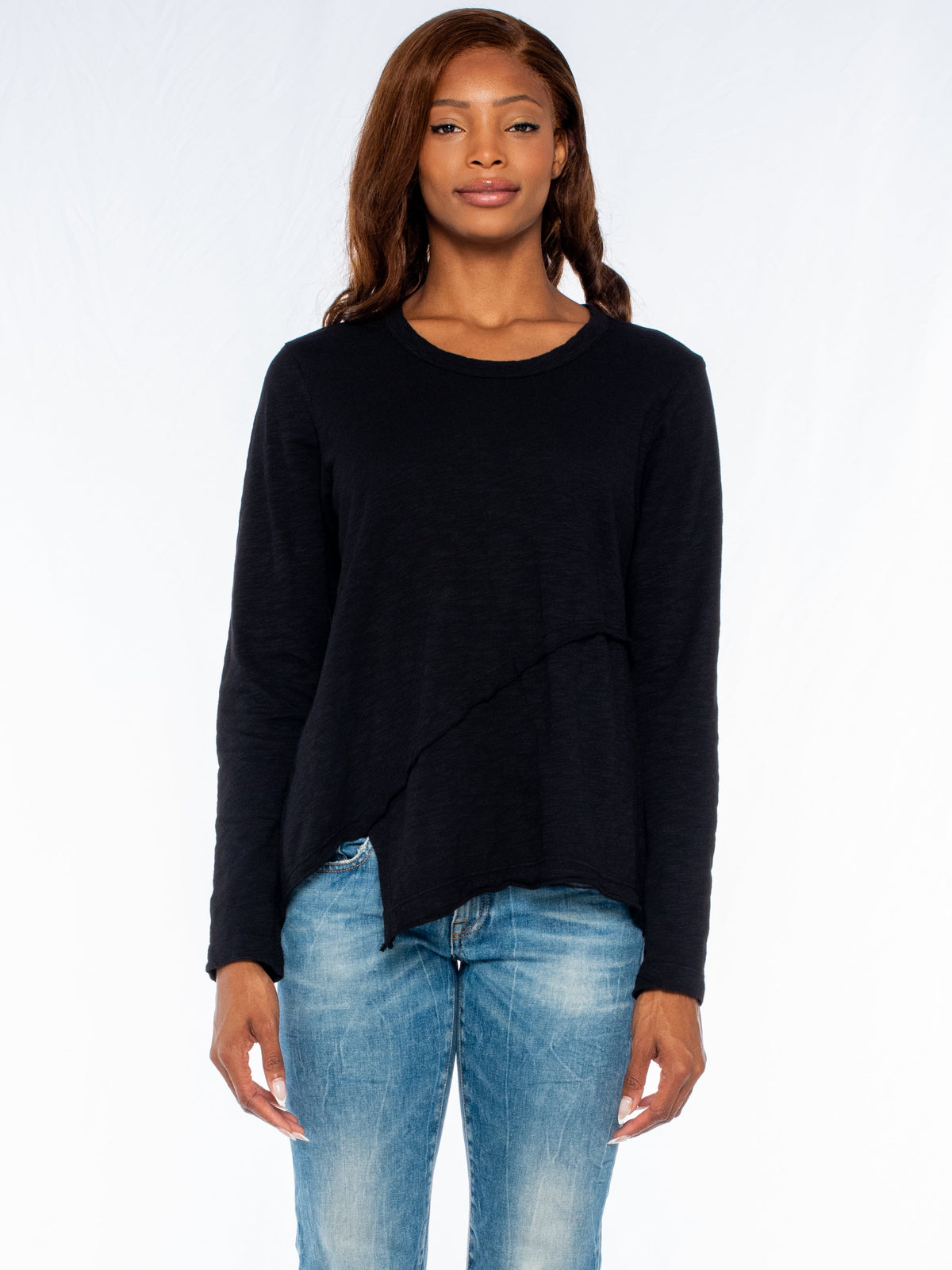 Crew Long Sleeve Easy Crossover Raw Hem Top - Black / XS