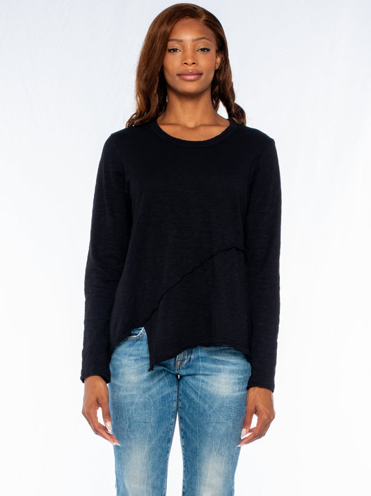 Crew Long Sleeve Easy Crossover Raw Hem Top - Black / XS