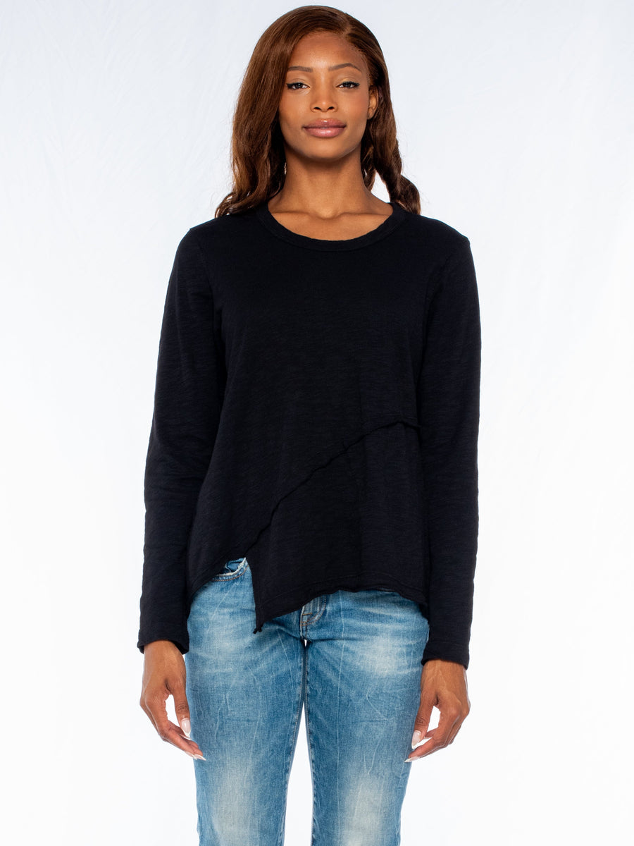 Crew Long Sleeve Easy Crossover Raw Hem Top - Black / XS