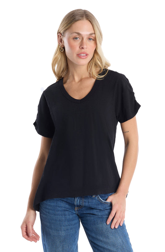 Sexy deep v-neck ruched sleeve - Black / XS