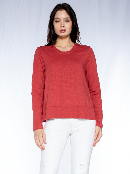Crew Long Sleeve Slub Trapeze Tee Raw Rib Hem Detail - Brick / XS