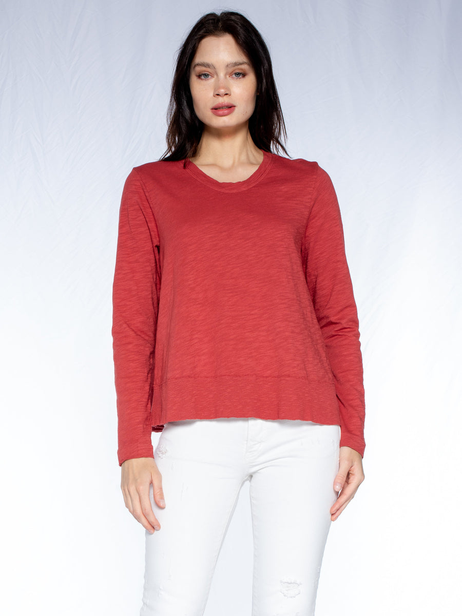 Crew Long Sleeve Slub Trapeze Tee Raw Rib Hem Detail - Brick / XS