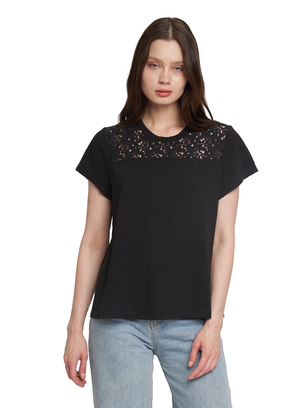 Easy Short Sleeve Crew Lace Yoke - Black / XS
