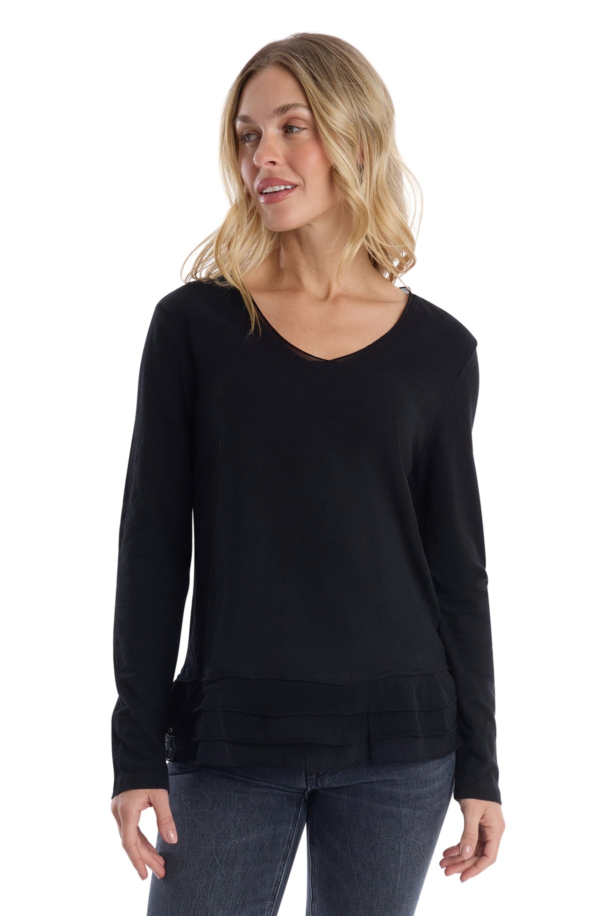 V-Neck Mixed Media Long Sleeve - Black / XS