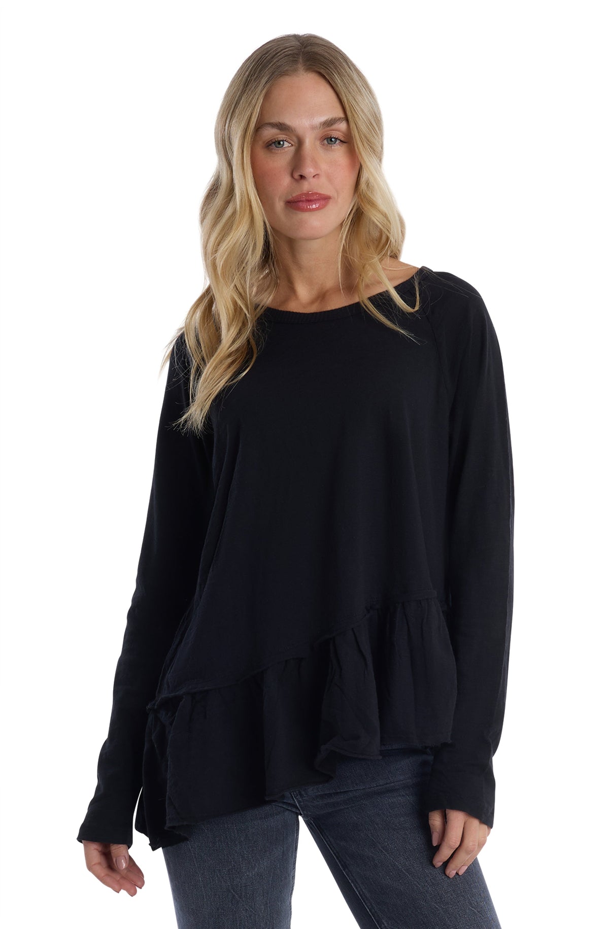 Raglan Long Sleeve Asymmetric Peplum - Black / XS