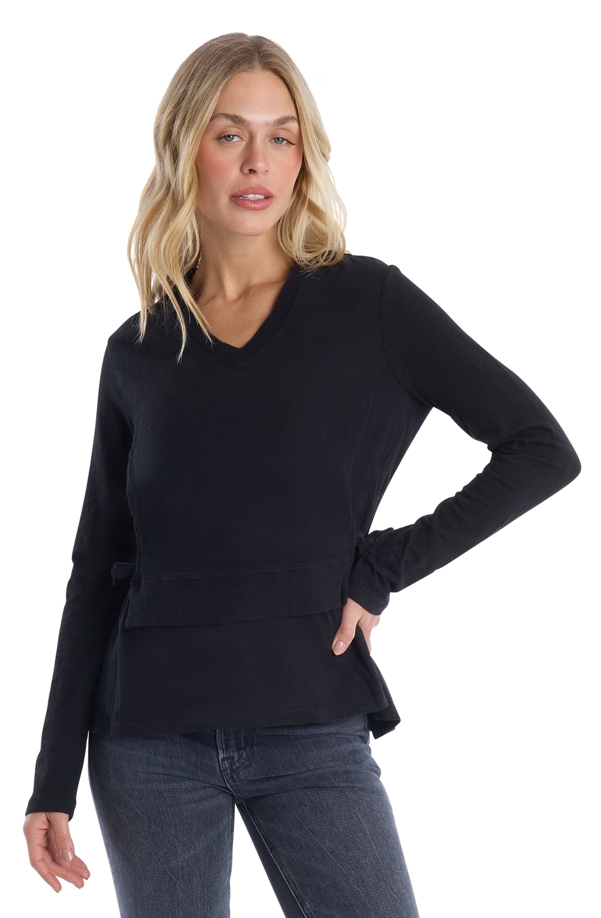 Mixed Media Double Layer Long Sleeve - Black / XS