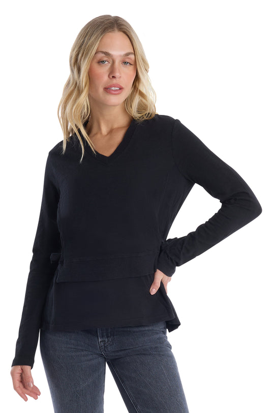 Mixed Media Double Layer Long Sleeve - Black / XS