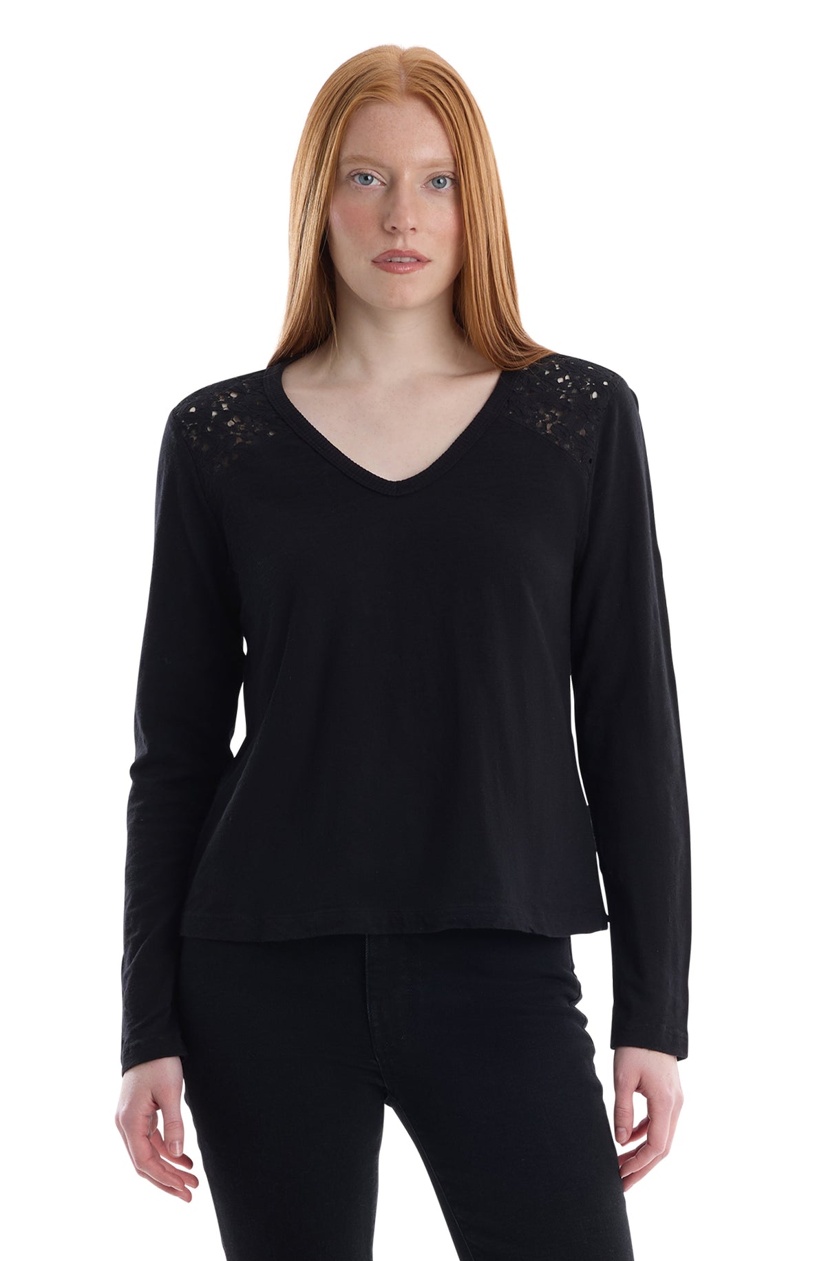 V-Neck Long Sleeve Mixed Media - Black / XS