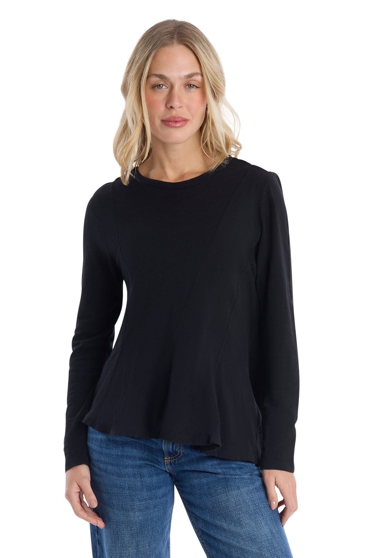 Round Neck Long Sleeve Tee - Black / XS