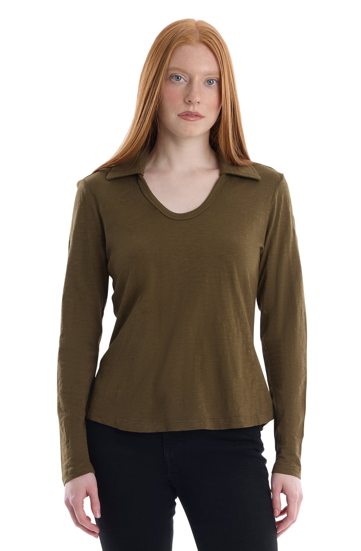 Scoop Neck Long Sleeve Polo - Dark Olive / XS