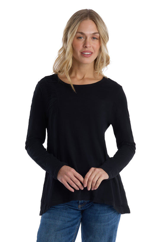 Wide Neck Long Sleeve Tee - Black / XS